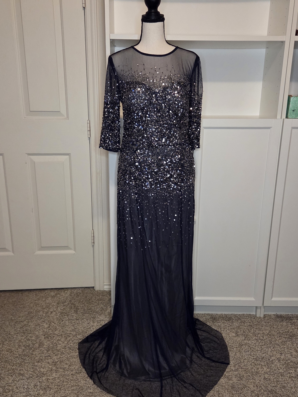 Adrianna Papell Elegant Navy Sequin Evening Gown with Sheer Yoke